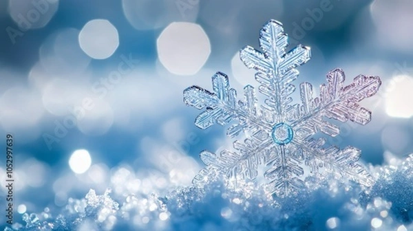 Fototapeta A stunning close-up of a snowflake sparkling as it falls, each frozen arm uniquely intricate, with a soft blur of snowy background creating contrast