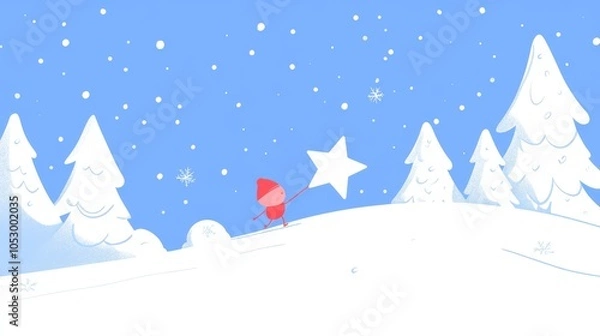 Fototapeta 2410_084.cute winter minimal design, tiny red character pulling star shape, snowy hillside scene, decorative white evergreens, falling snow dots, powder blue sky, gentle gradients, charming festive