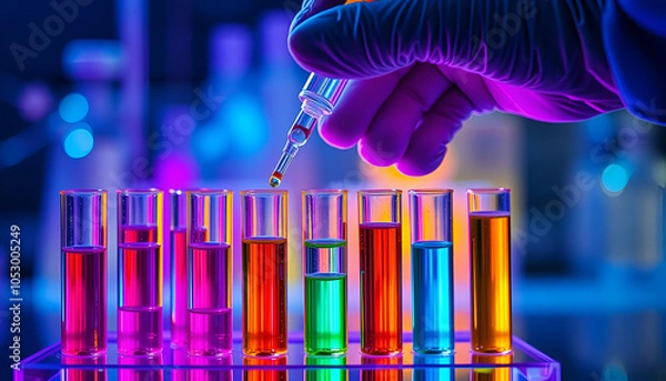 Obraz Close-up of scientist’s hands working with chemical samples in a laboratory, representing research and experimentation.
