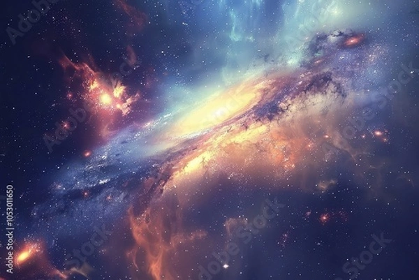 Fototapeta Glowing spiral galaxy with bright center and colorful glowing gas clouds in deep space