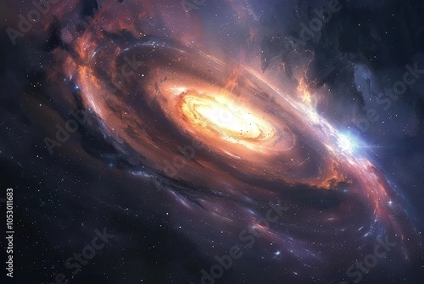 Obraz Glowing spiral galaxy with bright center and colorful swirling arms in deep space.
