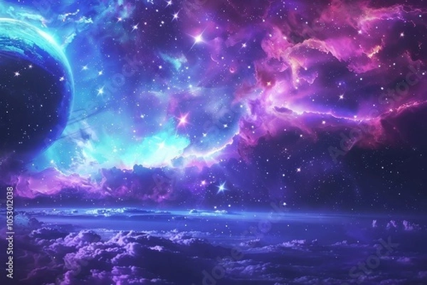 Fototapeta Breathtaking??of a colorful nebula and a distant planet.