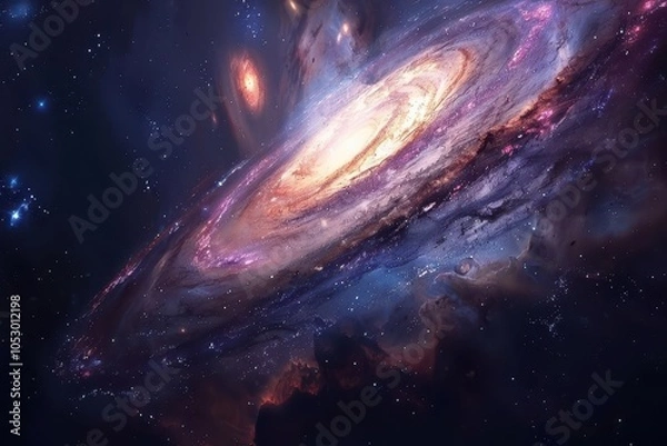 Fototapeta Colorful spiral galaxy with glowing center and dust formations