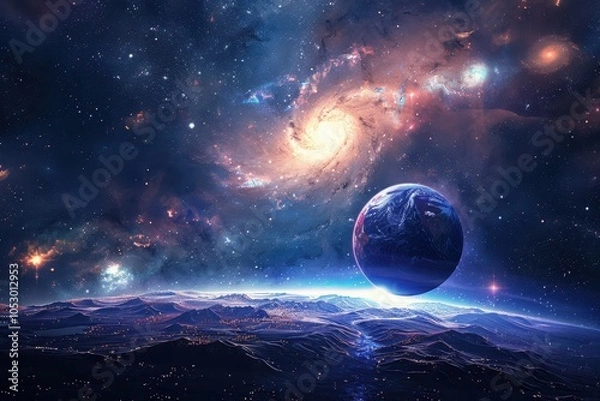 Fototapeta Breathtaking view of a distant planet with a starry night sky and colorful nebula.