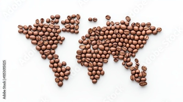 Fototapeta World map created from coffee beans on white isolate background.