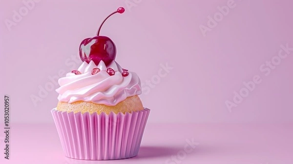 Fototapeta A pink cupcake with white frosting and a cherry on top.