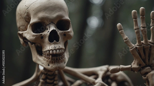 Fototapeta A skeleton is waving its hand. The skeleton is wearing a white shirt. The skeleton is standing in a forest
