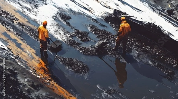 Fototapeta Workers cleaning up an oil spill on a contaminated site as part of a remediation project