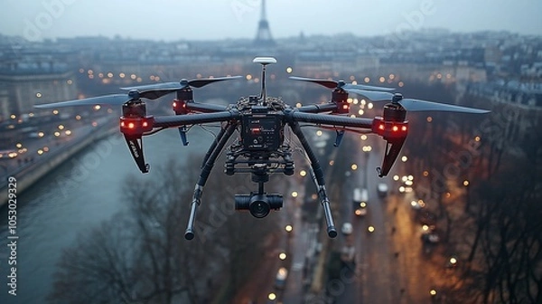 Fototapeta A drone flies over Paris at dusk, with the Eiffel Tower in the background.