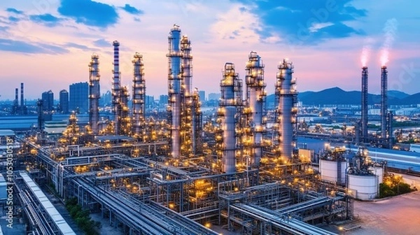 Obraz Industrial Refinery Complex at Sunset with Pipes and Towers