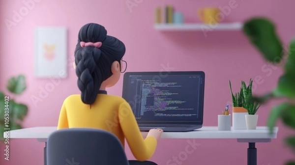 Fototapeta A 3D cartoon-style woman in a minimalistic scene, sitting at a table, engrossed in coding