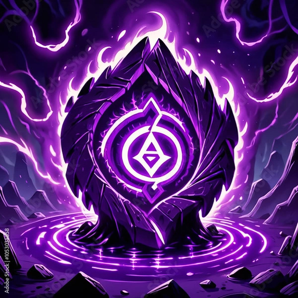 Fototapeta A glowing purple rock with a symbol of arcane energy surrounded by purple flames, set against a dark background with hills and a glowing pool of purple water.