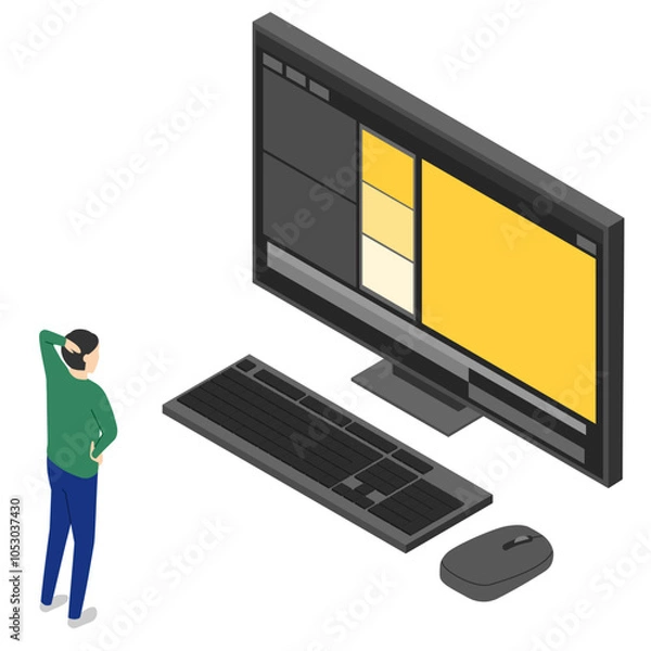 Obraz 動画編集で困っている男性・アイソメトリック