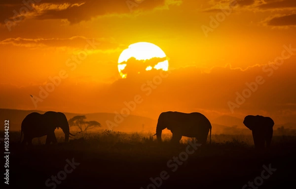 Obraz elephants in the sunset