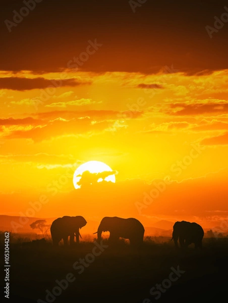 Obraz elephants at sunset