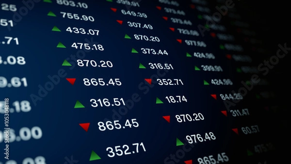Obraz Close-up of a digital stock market ticker showing fluctuating prices with red and green arrows, symbolizing gains and losses in financial trading and investment. 3D Rendering