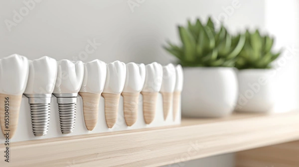 Fototapeta Dental implants displayed on wooden shelf with green plants in white pots, showcasing modern dental technology and aesthetics. image conveys sense of cleanliness and professionalism