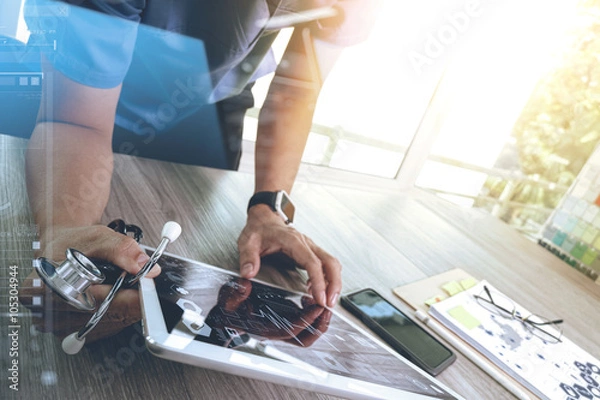 Fototapeta Medicine doctor hand working with modern digital tablet computer