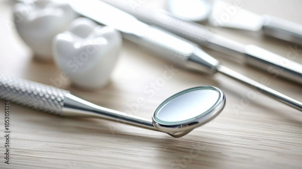 Fototapeta Dental tools and equipment are essential for oral hygiene and health. This showcases dental mirrors and instruments alongside dental models, emphasizing importance of regular dental check ups