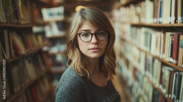 Fototapeta Beautiful and intelligent young hipster woman in her 20s with glasses, surrounded by books