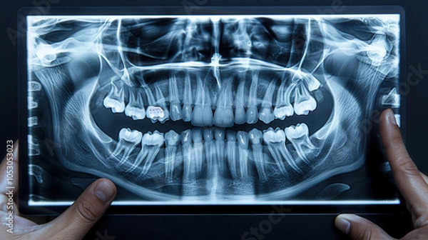 Fototapeta dentist is analyzing X ray of patients mouth, highlighting cracked tooth. This detailed image showcases dental health and importance of regular check ups