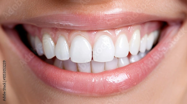 Fototapeta bright and healthy smile showcases well maintained teeth, reflecting good dental hygiene and care. Regular check ups and proper oral practices are essential for maintaining this radiant appearance