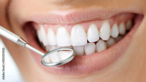 Fototapeta dentist examining patients bright, healthy smile with dental mirror, showcasing importance of oral hygiene and regular check ups