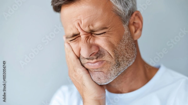 Fototapeta man holding his jaw in pain, expressing discomfort and distress, possibly due to dental issue. His facial expression conveys sense of urgency and need for relief