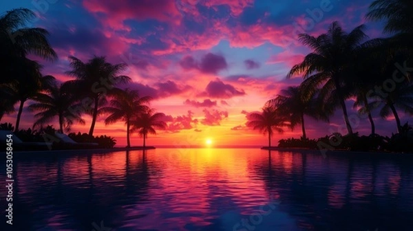 Fototapeta Stunning sunset over calm water with silhouettes of palm trees and colorful sky.