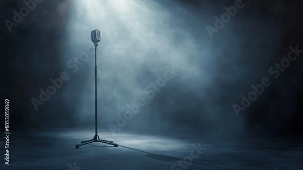 Fototapeta Stage spotlight mic stand performance setup event entertainment vibe. AI generated