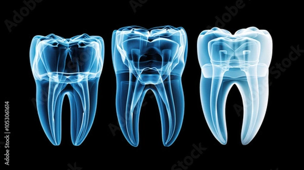 Fototapeta X ray images of teeth showing different stages of dental health, including impacted wisdom teeth. These visuals highlight importance of dental care and regular check ups