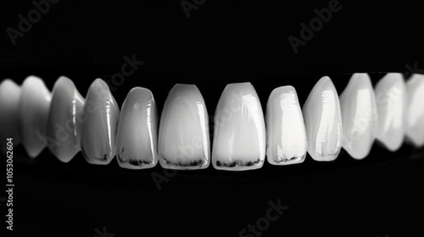 Fototapeta close up view of row of pristine, white teeth against dark background, showcasing their smooth surface and alignment, evoking sense of dental health and beauty