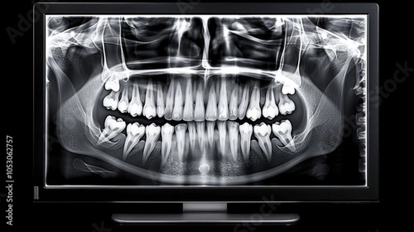 Fototapeta X ray showing multiple dental fillings and teeth structure, highlighting oral health and dental care. This emphasizes importance of regular dental check ups and treatments