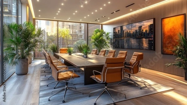 Fototapeta Modern conference room with large table and city view.
