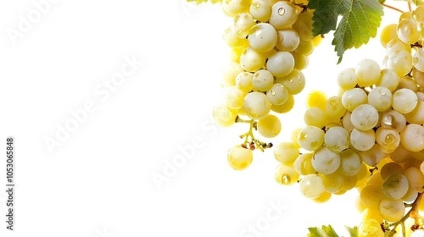 Obraz Bunch of white grapes with green leaves isolated on white background.