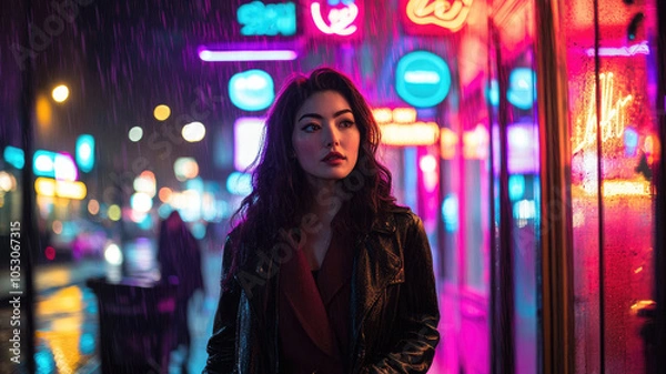 Fototapeta Young woman in neon-lit city street at night with colorful lights and reflections