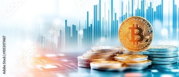 Fototapeta Digital currency trends with realistic Bitcoin coin in focus, representing investment and finance in the cryptocurrency market.