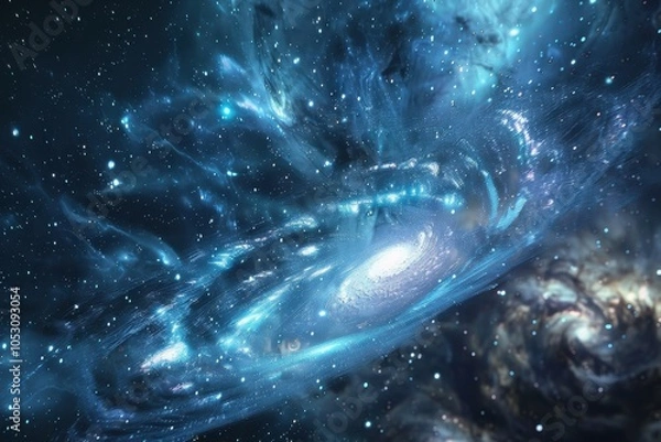 Fototapeta Glowing blue and white galaxy with dust and stars in deep space