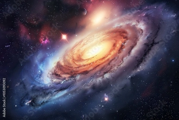 Fototapeta Glowing spiral galaxy with bright center and colorful swirling arms in deep space.