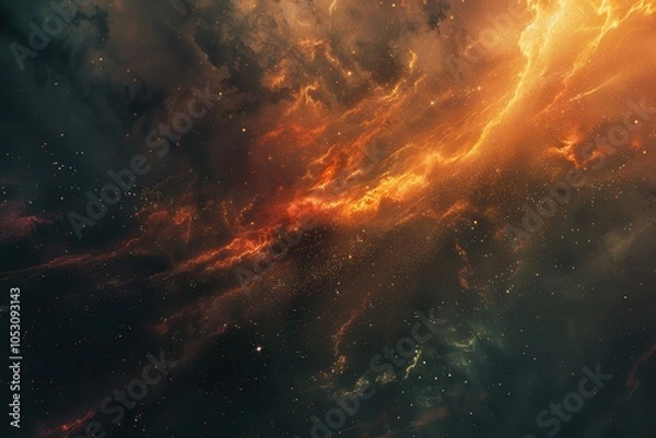 Fototapeta Glowing orange and green nebula with stars in the dark universe