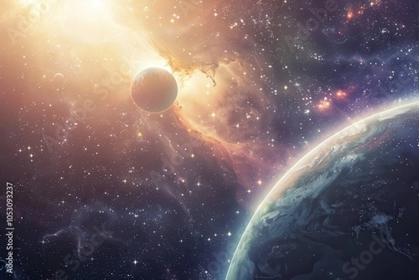 Fototapeta Planets and stars in the vastness of space create a beautiful and awe-inspiring scene.