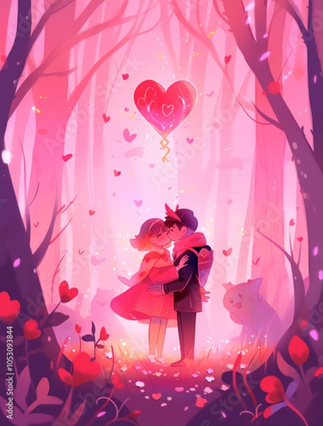 Obraz Valentine's Day poster, pink and red gradient background, cartoon style, cute couple in love hugging each other surrounded by trees with heart-shaped balloons floating around