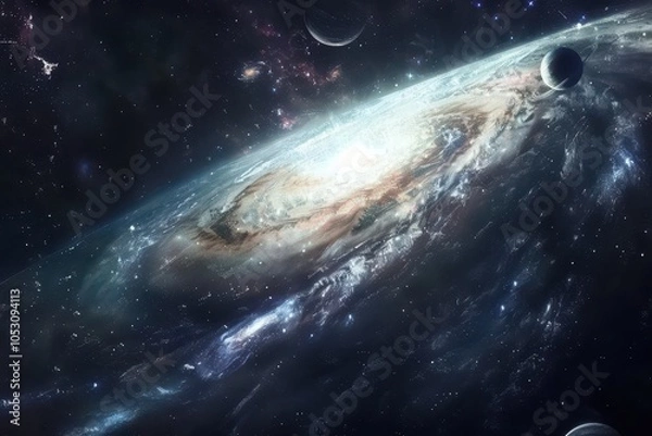 Fototapeta Breathtaking view of a spiral galaxy with glowing center and moons in the vastness of space.