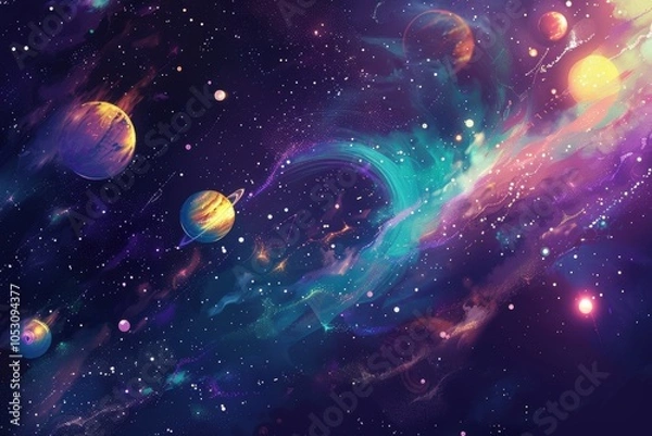 Fototapeta Colorful Nebula and Planets in Deep Space