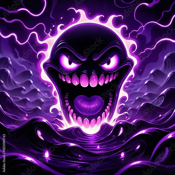 Fototapeta A demonic face with glowing purple eyes and teeth emerges from swirling purple waves, surrounded by electric purple lightning. The face has a wide, menacing grin.