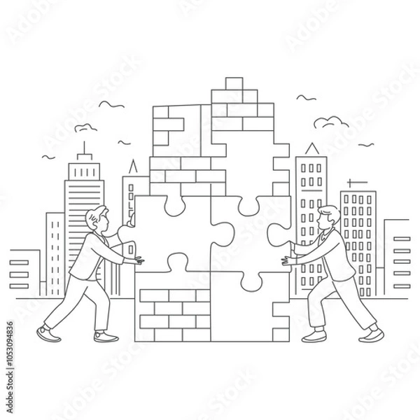 Fototapeta Continuous one line drawing of business people connecting jigsaw puzzle, working together, teamwork to solve problem concept, single line art.