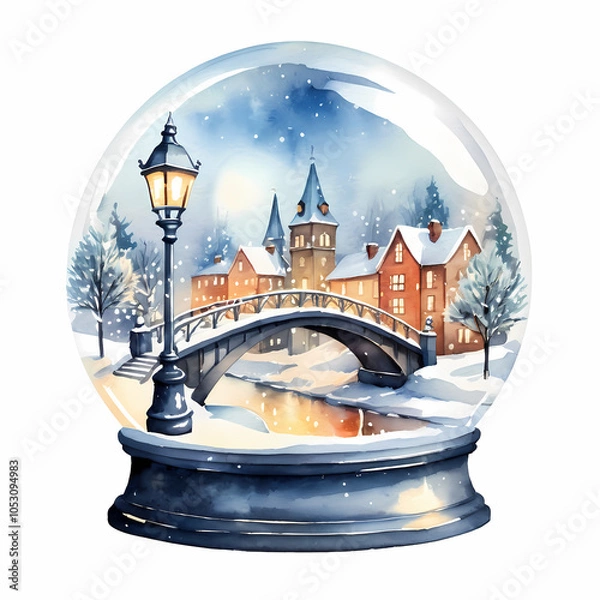 Fototapeta The globe shows a small town with a bridge crossing a river, a lamp post, snow-covered trees, and buildings. 