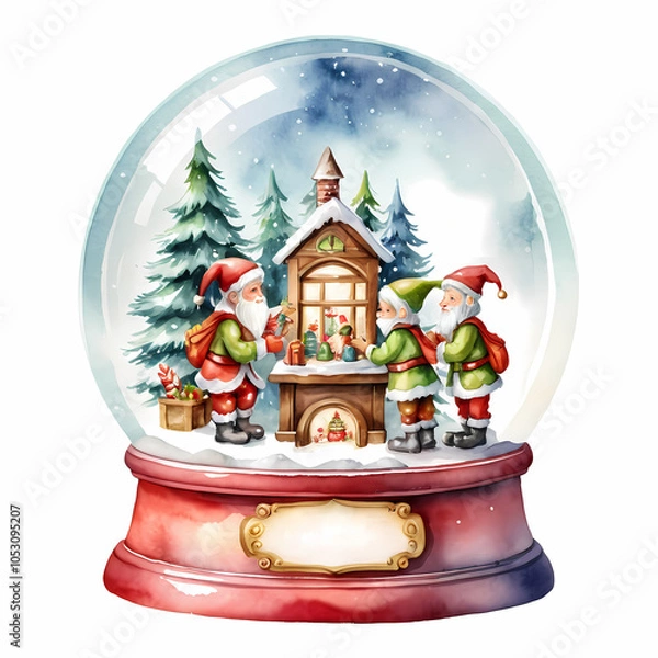 Fototapeta A hand-painted watercolor illustration of a snow globe featuring Santa Claus and two elves in a winter wonderland. 