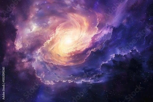 Fototapeta Colorful swirling nebula with bright center and glowing dust clouds