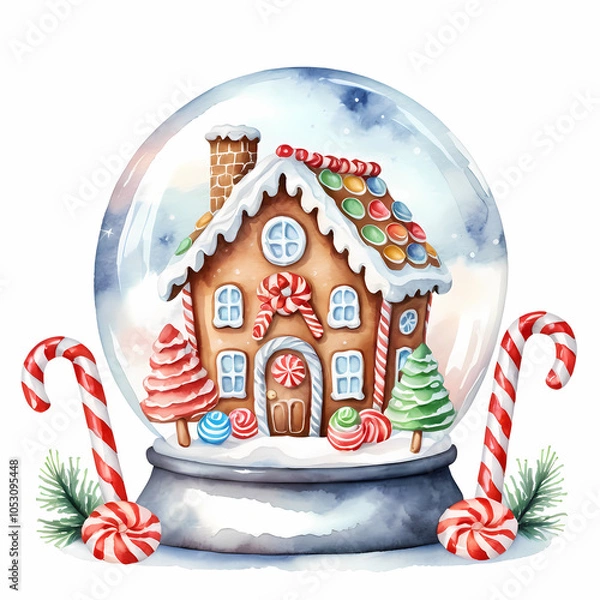 Fototapeta A hand-painted watercolor illustration of a snow globe featuring a gingerbread house. The snow globe is decorated with candy canes. 